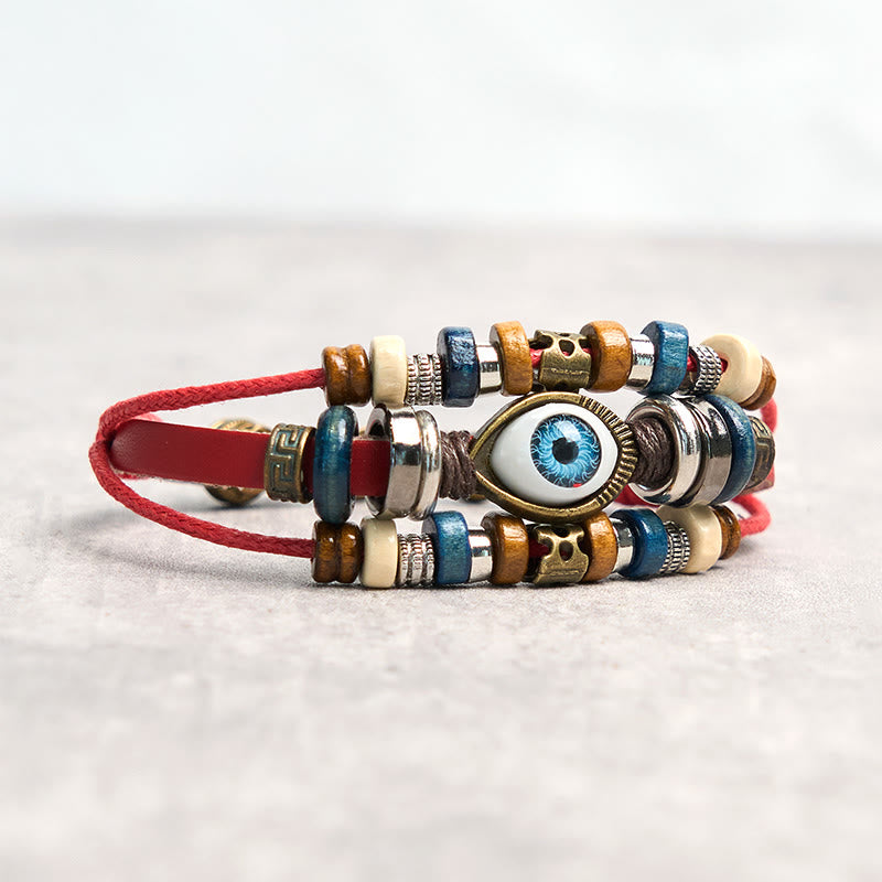 Bracelet de protection réglable en cuir tibétain contre le mauvais œil et les Buddha Stones