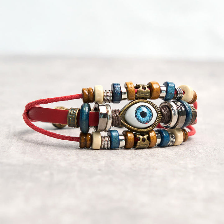 Bracelet de protection réglable en cuir tibétain contre le mauvais œil et les Buddha Stones