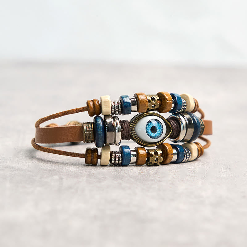 Bracelet de protection réglable en cuir tibétain contre le mauvais œil et les Buddha Stones