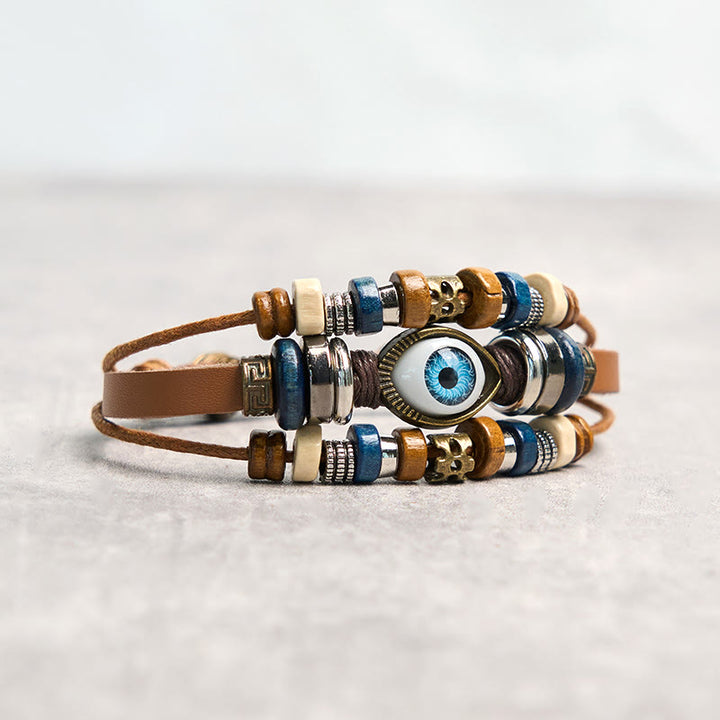 Bracelet de protection réglable en cuir tibétain contre le mauvais œil et les Buddha Stones