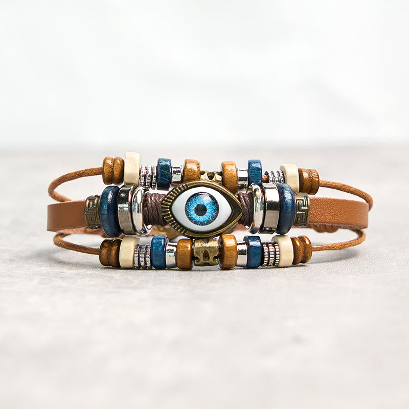 Bracelet de protection réglable en cuir tibétain contre le mauvais œil et les Buddha Stones