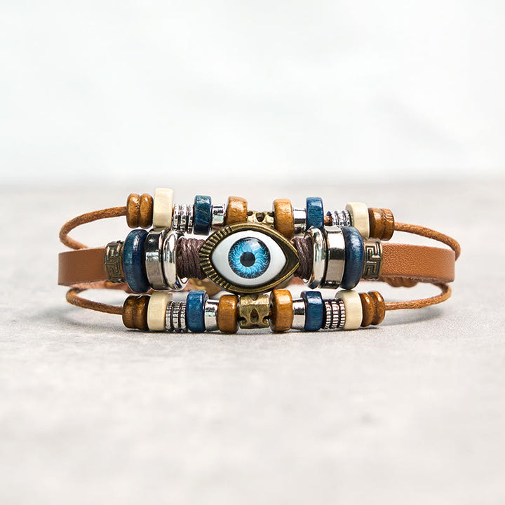 Bracelet de protection réglable en cuir tibétain contre le mauvais œil et les Buddha Stones