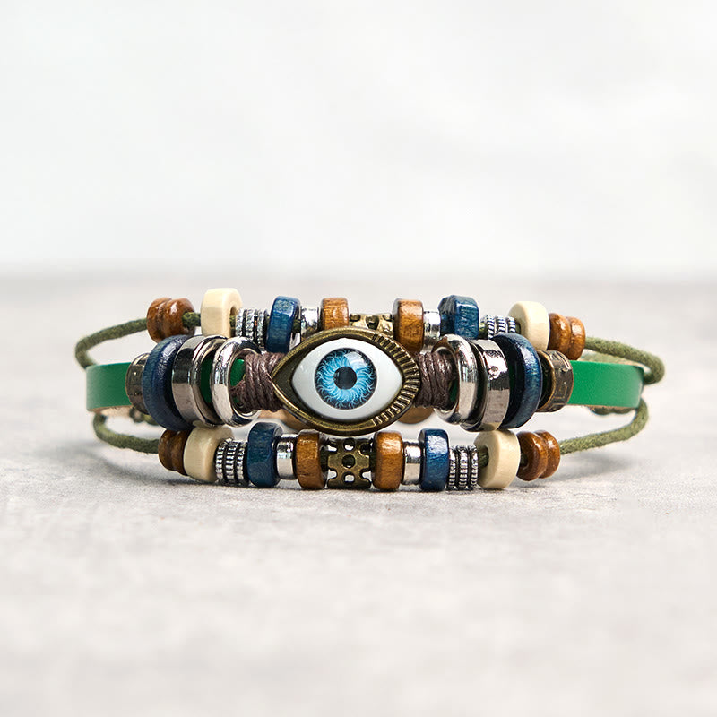 Bracelet de protection réglable en cuir tibétain contre le mauvais œil et les Buddha Stones