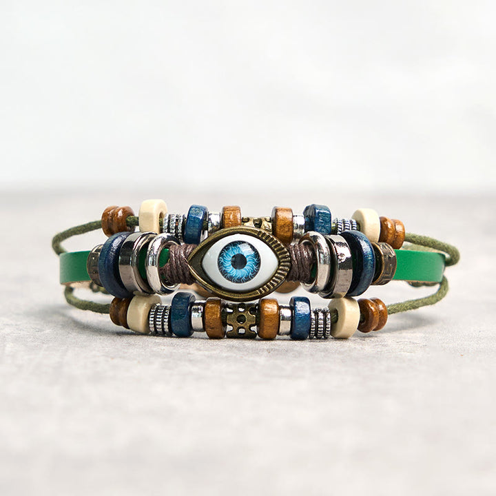 Bracelet de protection réglable en cuir tibétain contre le mauvais œil et les Buddha Stones