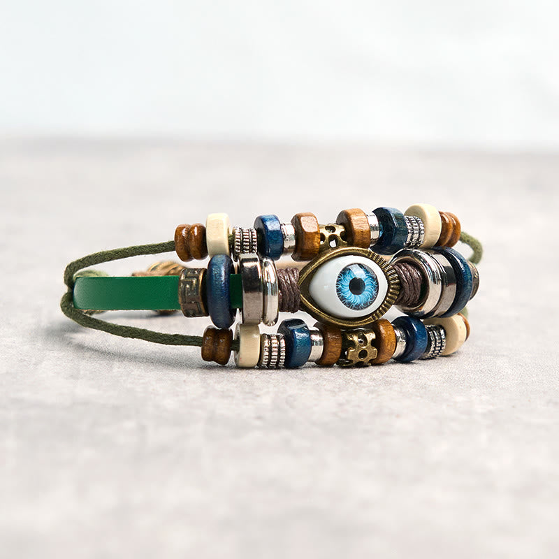 Bracelet de protection réglable en cuir tibétain contre le mauvais œil et les Buddha Stones