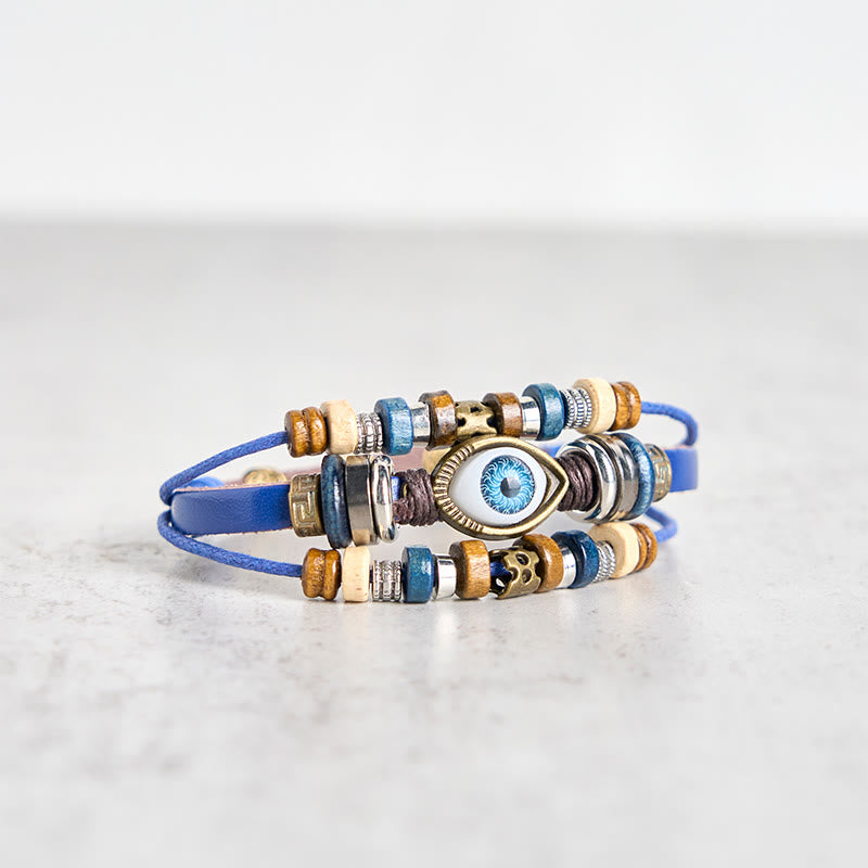 Bracelet de protection réglable en cuir tibétain contre le mauvais œil et les Buddha Stones