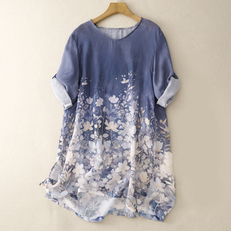 Chemise femme à manches courtes et col rond en coton avec motif Buddha Stones et fleurs blanches - BleuetBleu - US12，UK/AU16，EU44 (2XL) - image 1