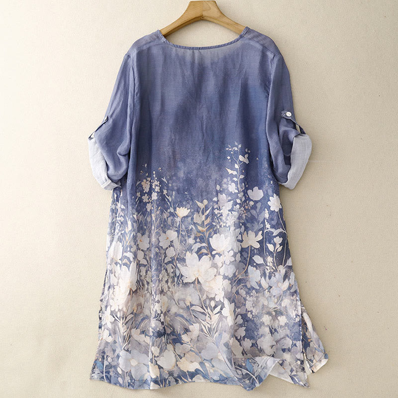 Chemise femme à manches courtes et col rond en coton avec motif Buddha Stones et fleurs blanches - image 2
