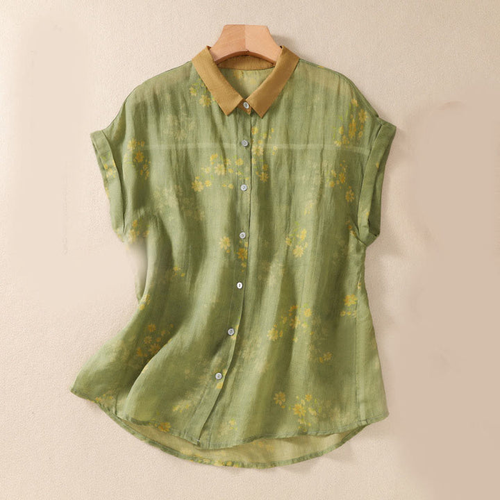 Chemise femme à manches courtes avec boutons et petites fleurs jaunes et Buddha Stones - JauneVert - US8-10，UK/AU12-14，EU40-42 (2XL) - image 0