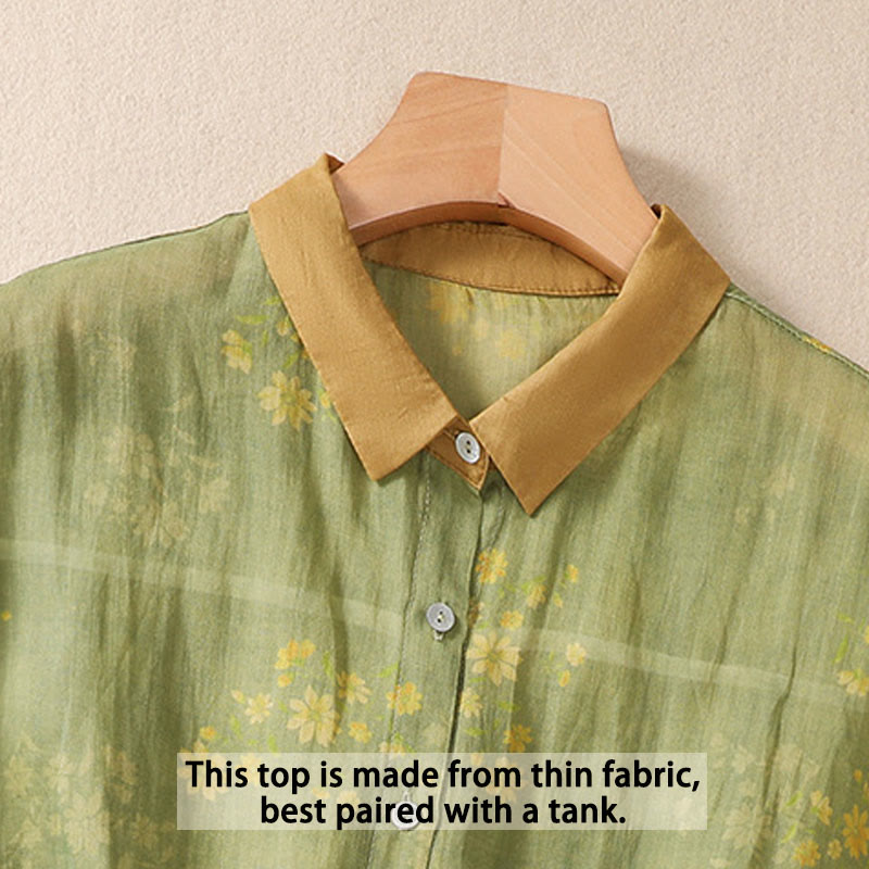 Chemise femme à manches courtes avec boutons et petites fleurs jaunes et Buddha Stones - image 3