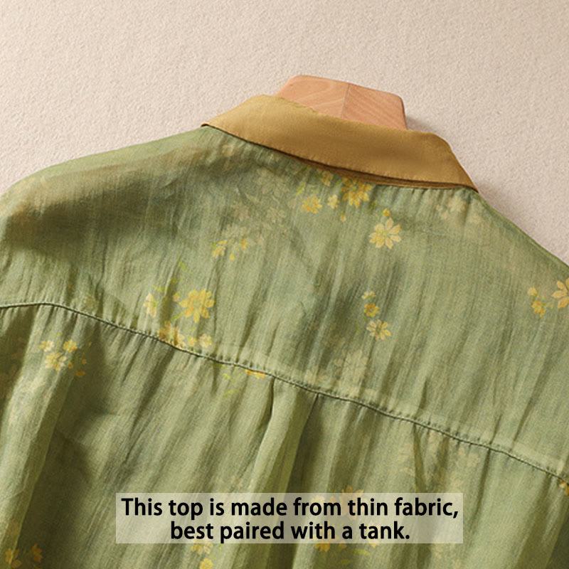 Chemise femme à manches courtes avec boutons et petites fleurs jaunes et Buddha Stones - image 4