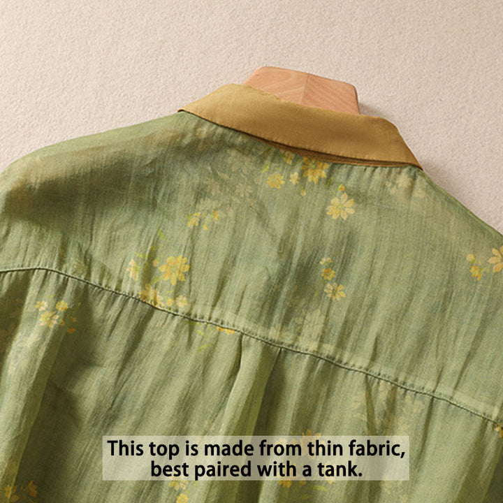 Chemise femme à manches courtes avec boutons et petites fleurs jaunes et Buddha Stones - image 4