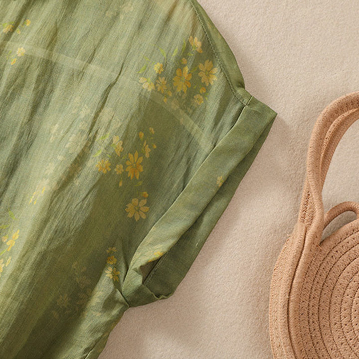 Chemise femme à manches courtes avec boutons et petites fleurs jaunes et Buddha Stones - image 5