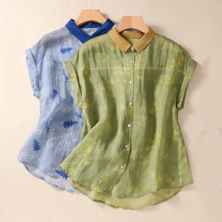 Chemise femme à manches courtes avec boutons et petites fleurs jaunes et Buddha Stones - image 1