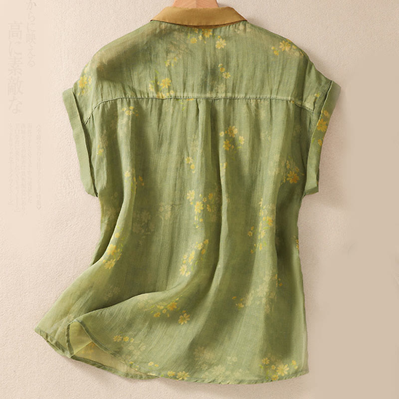 Chemise femme à manches courtes avec boutons et petites fleurs jaunes et Buddha Stones - image 2
