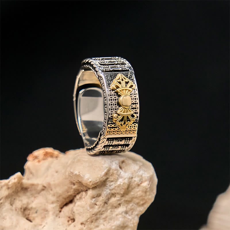 Bague de richesse réglable en cuivre avec roue de prière vintage en Buddha Stones Om Mani Padme Hum