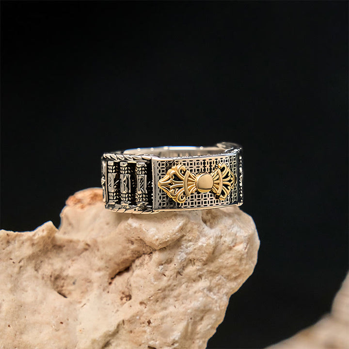 Bague de richesse réglable en cuivre avec roue de prière vintage en Buddha Stones Om Mani Padme Hum