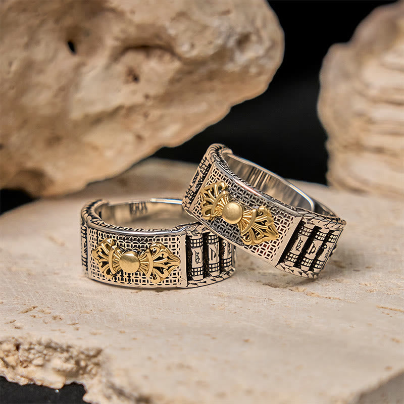 Bague de richesse réglable en cuivre avec roue de prière vintage en Buddha Stones Om Mani Padme Hum
