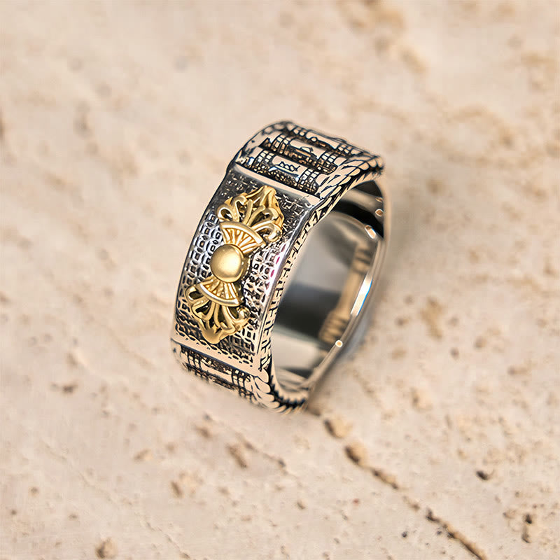 Bague de richesse réglable en cuivre avec roue de prière vintage en Buddha Stones Om Mani Padme Hum