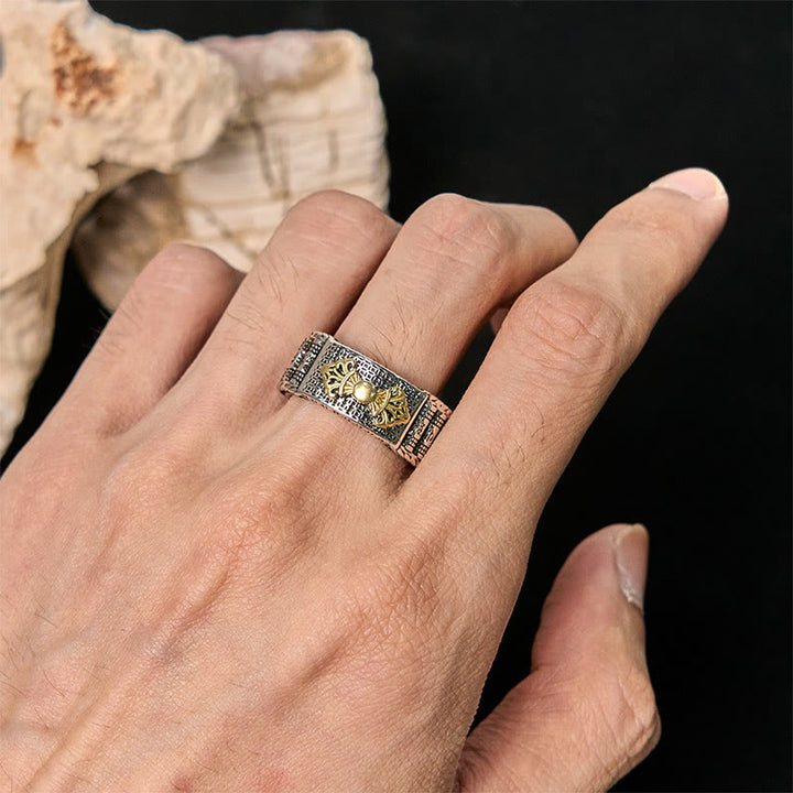 Bague de richesse réglable en cuivre avec roue de prière vintage en Buddha Stones Om Mani Padme Hum
