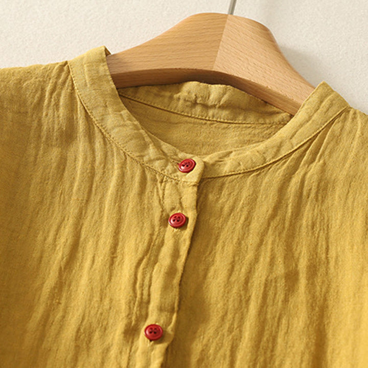 Chemise d'été en coton et lin à manches courtes pour femme, motif Buddha Stones , boutons rouges unis - image 17