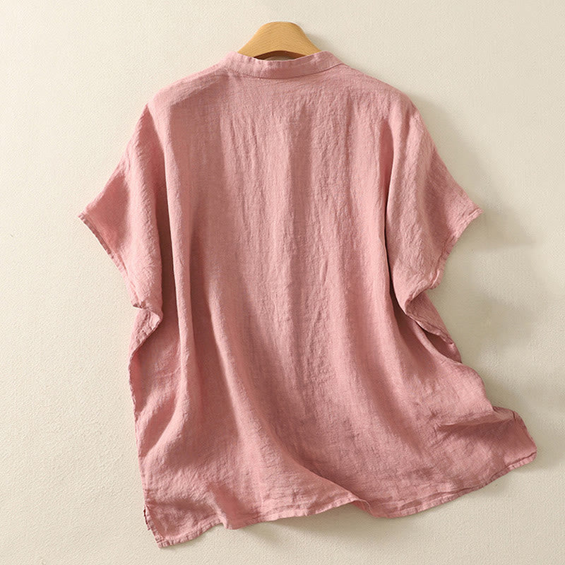 Chemise d'été en coton et lin à manches courtes pour femme, motif Buddha Stones , boutons rouges unis - image 6