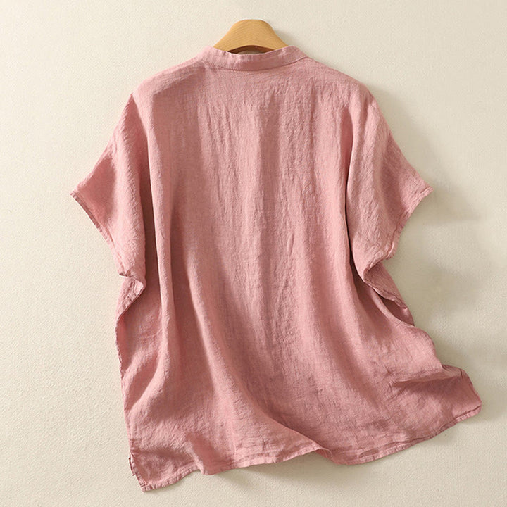 Chemise d'été en coton et lin à manches courtes pour femme, motif Buddha Stones , boutons rouges unis - image 6