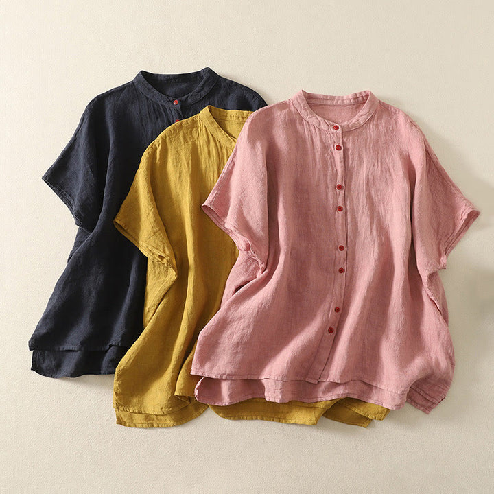 Chemise d'été en coton et lin à manches courtes pour femme, motif Buddha Stones , boutons rouges unis - image 20