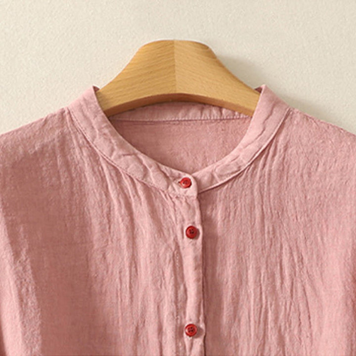 Chemise d'été en coton et lin à manches courtes pour femme, motif Buddha Stones , boutons rouges unis - image 7