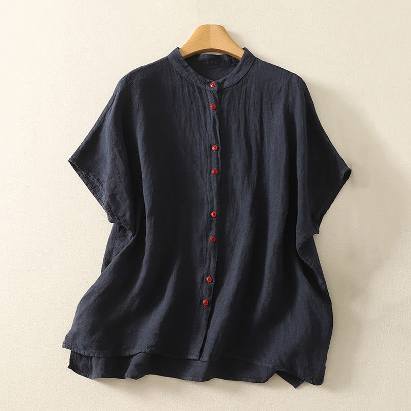 Chemise d'été en coton et lin à manches courtes pour femme, motif Buddha Stones , boutons rouges unis - Bleu nuit - US14，UK/AU18，EU46 (2XL) - image 1