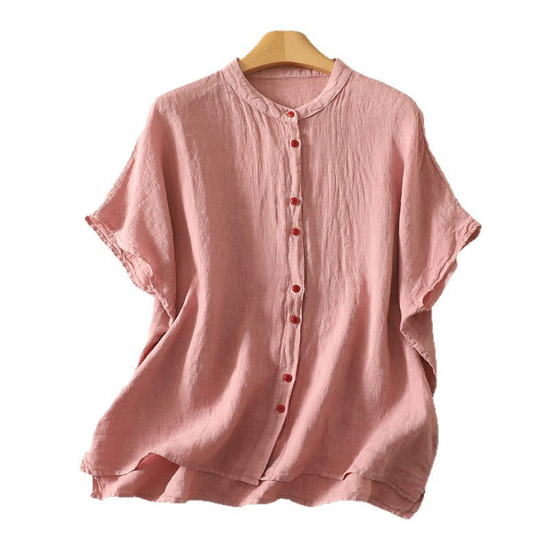 Chemise d'été en coton et lin à manches courtes pour femme, motif Buddha Stones , boutons rouges unis - image 15