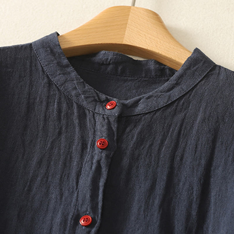 Chemise d'été en coton et lin à manches courtes pour femme, motif Buddha Stones , boutons rouges unis - image 2