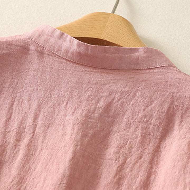 Chemise d'été en coton et lin à manches courtes pour femme, motif Buddha Stones , boutons rouges unis - image 7