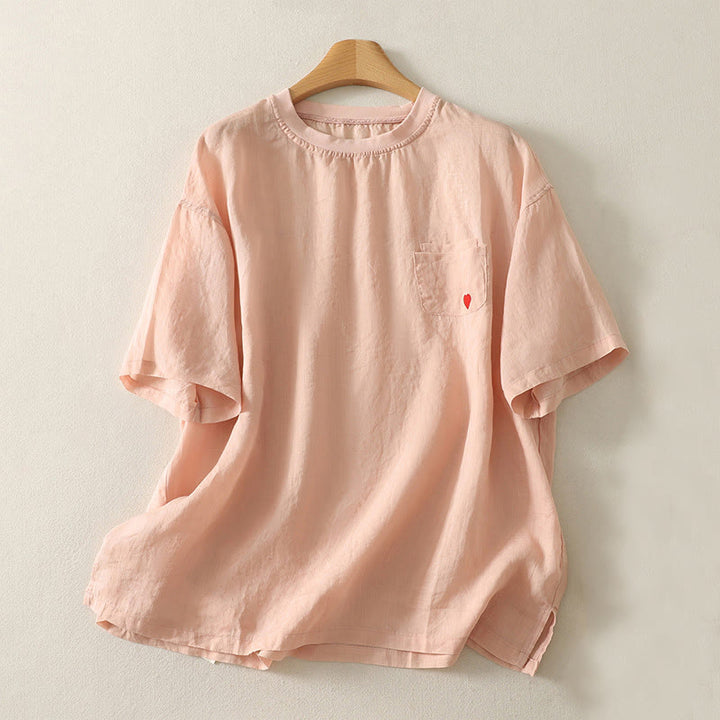 T-shirt décontracté en coton et lin à manches courtes pour femme avec broderie cœur rouge et Buddha Stones - Saumon clair - US14，UK/AU18，EU46 (2XL) - image 1