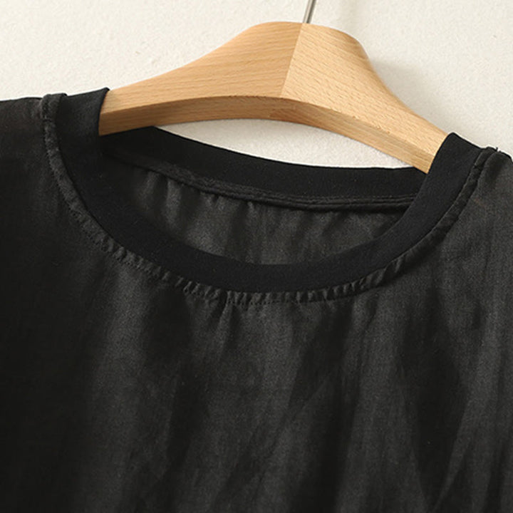 T-shirt décontracté en coton et lin à manches courtes pour femme avec broderie cœur rouge et Buddha Stones - image 14