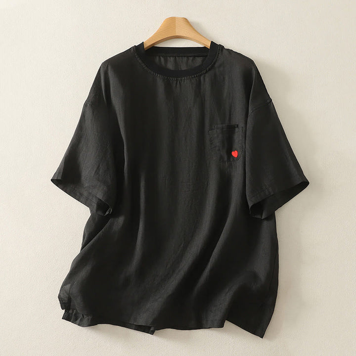 T-shirt décontracté en coton et lin à manches courtes pour femme avec broderie cœur rouge et Buddha Stones - Noir - US14，UK/AU18，EU46 (2XL) - image 14