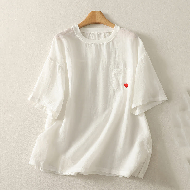 T-shirt décontracté en coton et lin à manches courtes pour femme avec broderie cœur rouge et Buddha Stones - Blanc - US14，UK/AU18，EU46 (2XL) - image 4