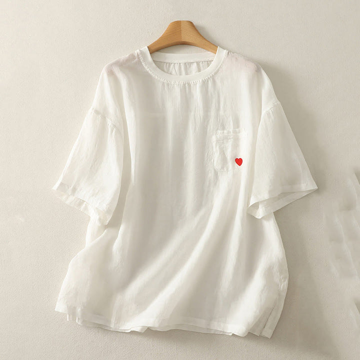 T-shirt décontracté en coton et lin à manches courtes pour femme avec broderie cœur rouge et Buddha Stones - Blanc - US14，UK/AU18，EU46 (2XL) - image 4