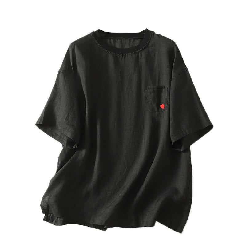 T-shirt décontracté en coton et lin à manches courtes pour femme avec broderie cœur rouge et Buddha Stones - image 19