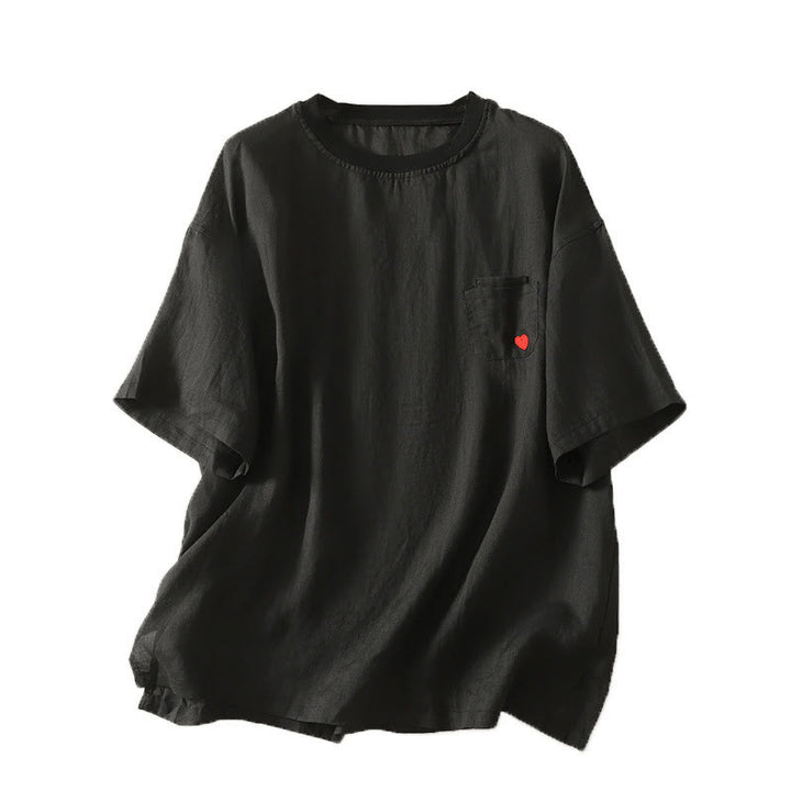 T-shirt décontracté en coton et lin à manches courtes pour femme avec broderie cœur rouge et Buddha Stones - image 19