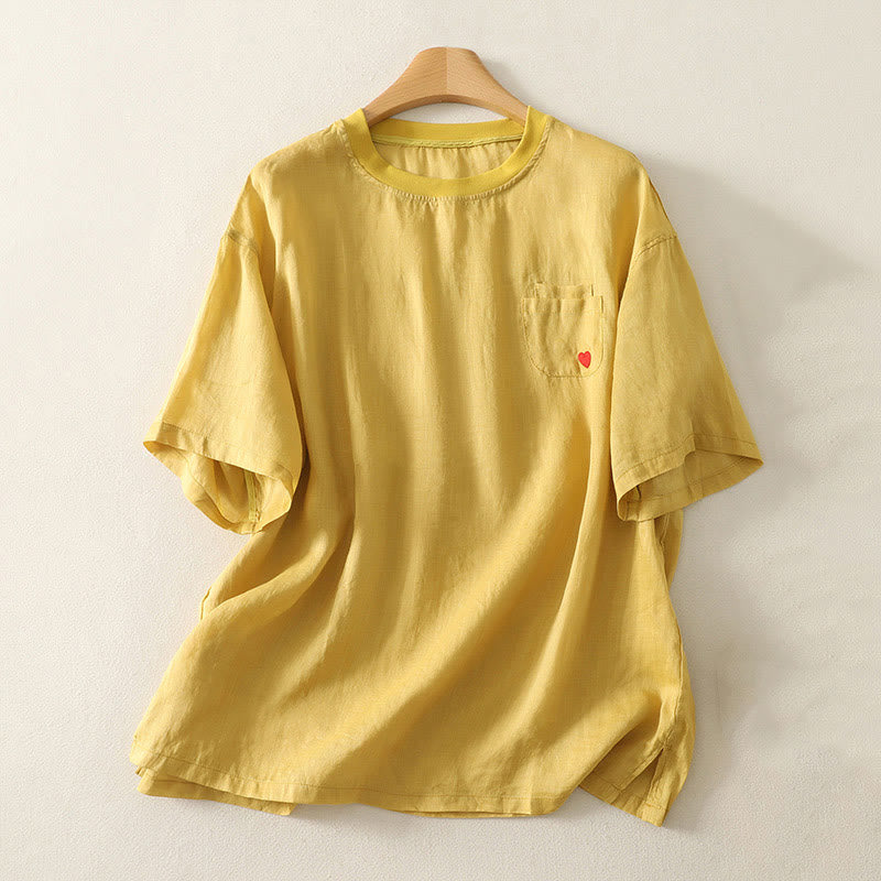 T-shirt décontracté en coton et lin à manches courtes pour femme avec broderie cœur rouge et Buddha Stones - Or - US14，UK/AU18，EU46 (2XL) - image 10