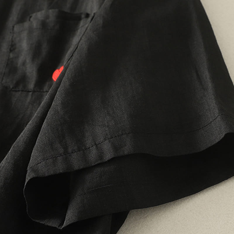 T-shirt décontracté en coton et lin à manches courtes pour femme avec broderie cœur rouge et Buddha Stones - image 15