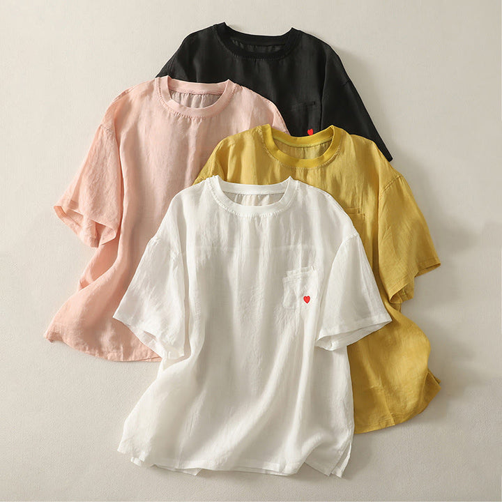 T-shirt décontracté en coton et lin à manches courtes pour femme avec broderie cœur rouge et Buddha Stones - image 19