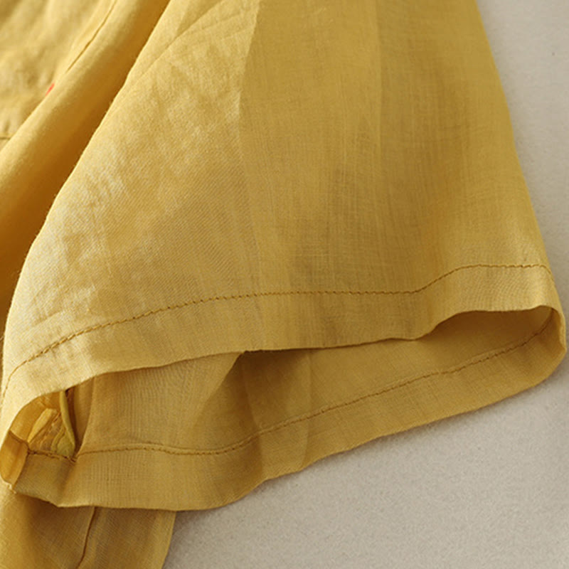 T-shirt décontracté en coton et lin à manches courtes pour femme avec broderie cœur rouge et Buddha Stones - image 12