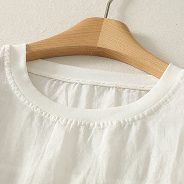 T-shirt décontracté en coton et lin à manches courtes pour femme avec broderie cœur rouge et Buddha Stones - image 5