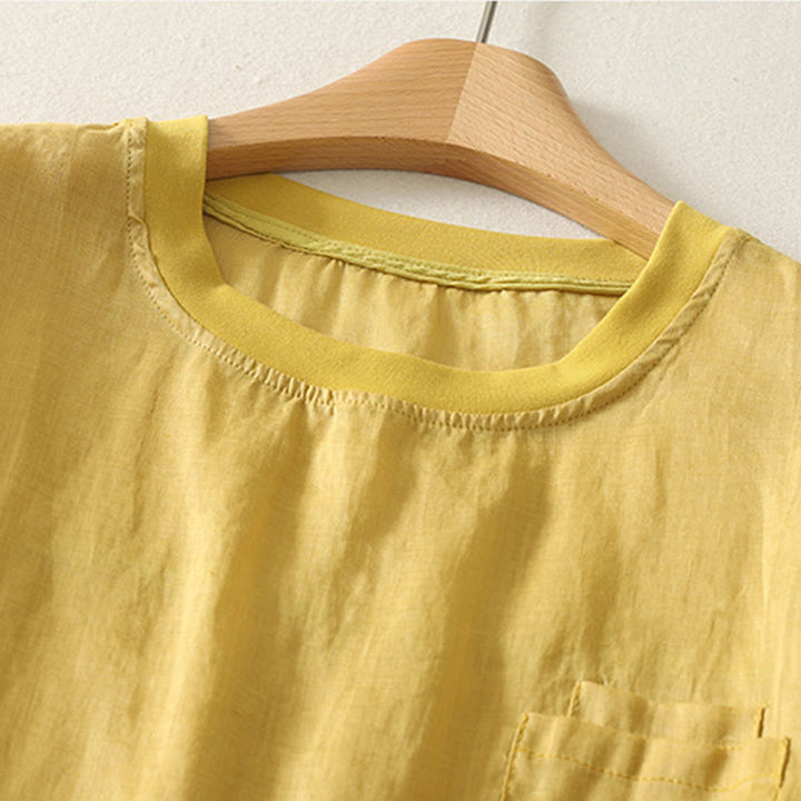 T-shirt décontracté en coton et lin à manches courtes pour femme avec broderie cœur rouge et Buddha Stones - image 10