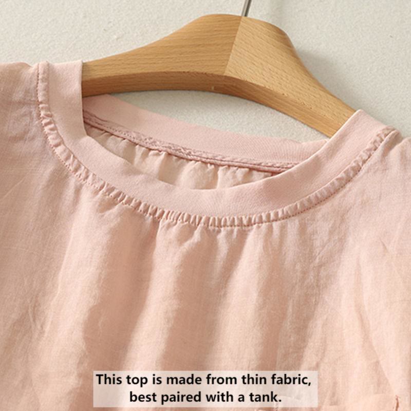 T-shirt décontracté en coton et lin à manches courtes pour femme avec broderie cœur rouge et Buddha Stones - image 1