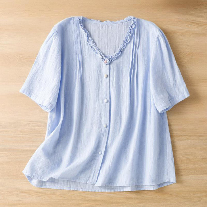 Chemise femme à manches courtes et col en V avec bordure plissée et volants en jacquard Buddha Stones - BleuetBleu - US14，UK/AU18，EU46 (2XL) - image 5