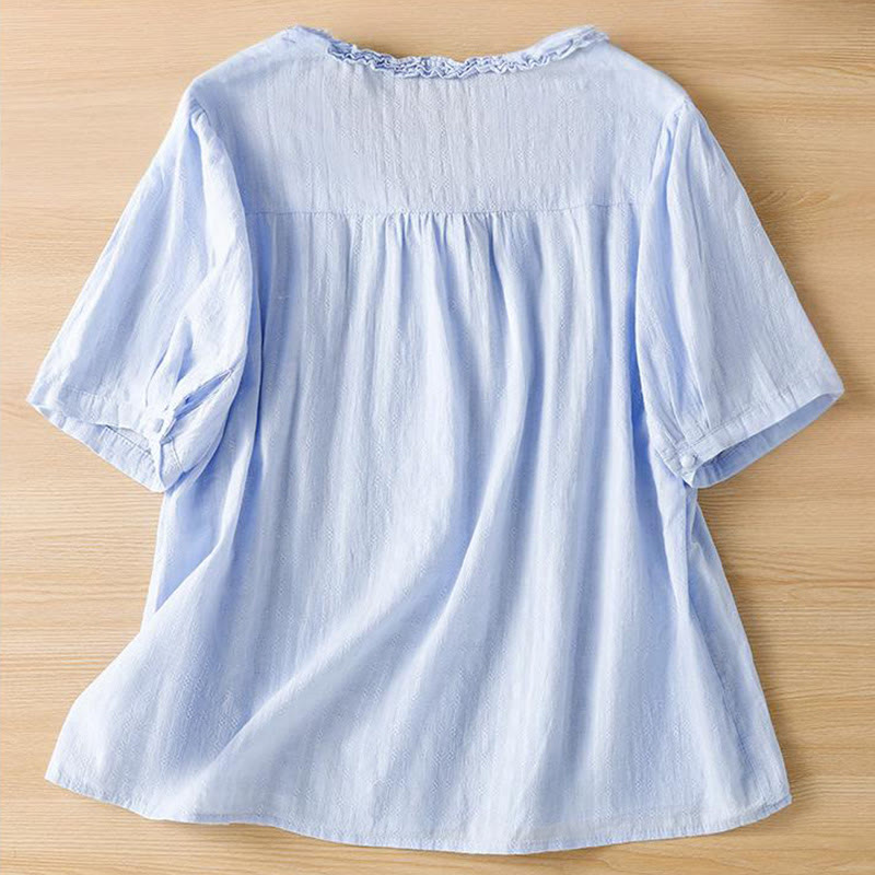 Chemise femme à manches courtes et col en V avec bordure plissée et volants en jacquard Buddha Stones - image 6