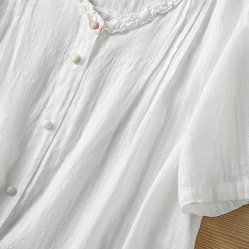 Chemise femme à manches courtes et col en V avec bordure plissée et volants en jacquard Buddha Stones - image 17